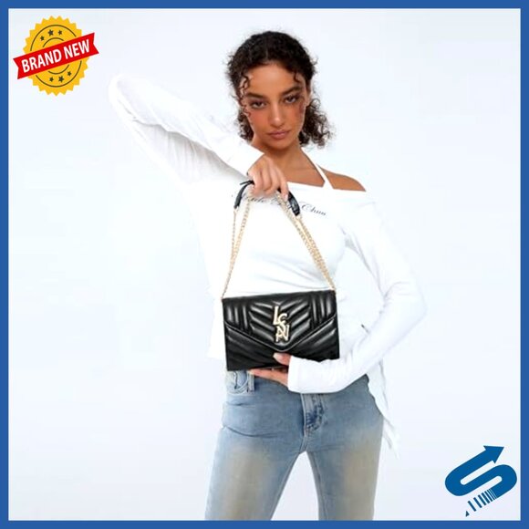 Genuine Leather Quilted Clutch Crossbody Bag with Adjustable Chain